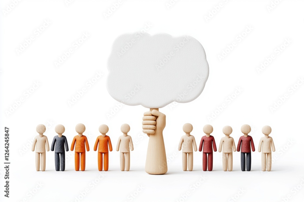 Fototapeta premium Beige Hand Holding a White Thought Bubble Above Small Figures