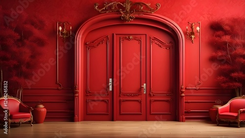 Room Door banner with empty space Without Text, Red luxury background, holiday banner poster background for advertisement ads
