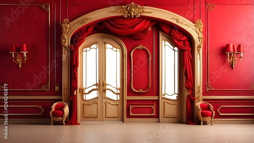 Room Door banner with empty space Without Text, Red luxury background, holiday banner poster background for advertisement ads