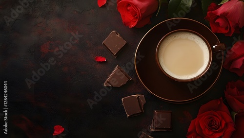 Romantic Chocolate Coffee Roses Dark Background photo