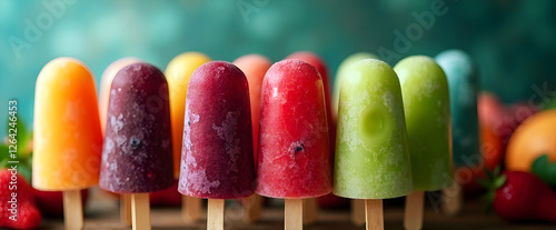 A vibrant rainbow of frozen fruit popsicles, perfect for a hot summer day!  Enjoy the sweet, refreshing treat. photo