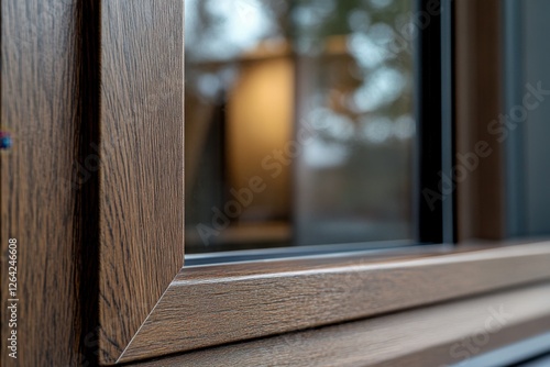 A close up of a dark brown wood grain window