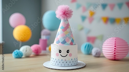 A cheerful birthday cake with a smiling face and colorful party decorations in a festive setting