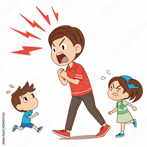 Angry Father Yelling at Scared Children Illustration