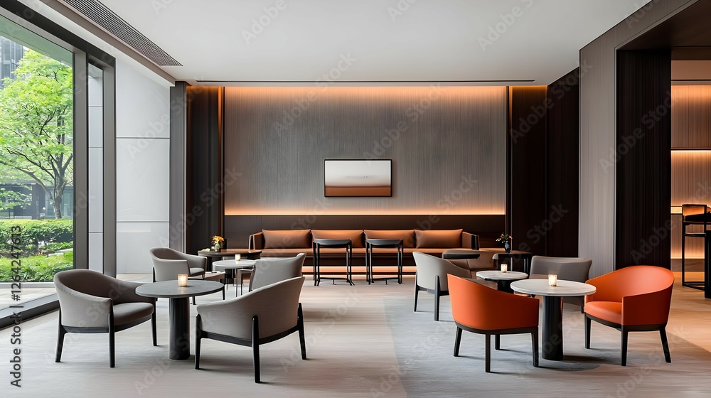 Modern Hotel Lounge Interior with Orange and Gray Seating Modern Hotel Lounge Interior with Orange and Gray Seating
