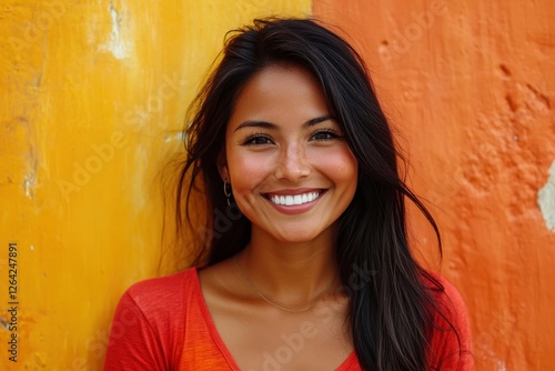 Smiling woman with long dark hair against a vibrant orange and yellow wall. Ideal for themes of happiness, beauty, and diversity in marketing.