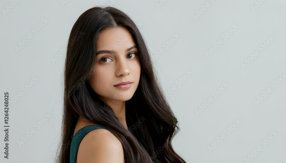 Fototapeta premium Portrait of a young woman with long dark hair wearing a green top against a neutral background, looking at the camera with a calm expression