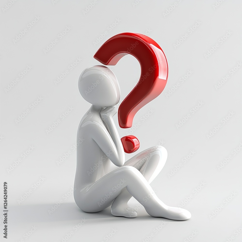 Contemplative Figure with Red Question Mark: A Minimalist 3D Render Contemplative Figure with Red Question Mark: A Minimalist 3D Render