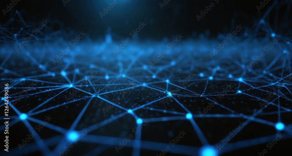 Obraz premium Futuristic digital art with blue lines and dots on a black background, creating a networklike pattern for a tech landscape.