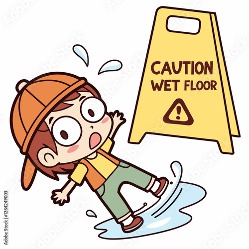 Child's Unexpected Slip on Wet Floor Caution Sign