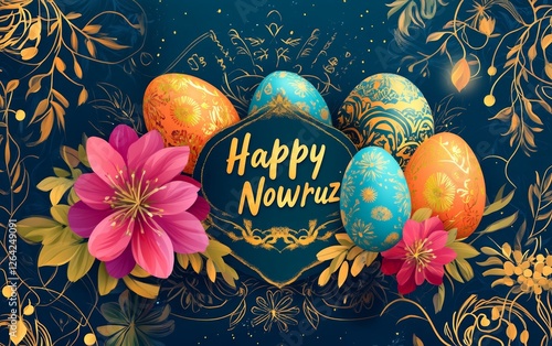 A vibrant Nowruz greeting card featuring blooming flowers, painted eggs and a rising sun, enhanced with Persian patterns and elegant 