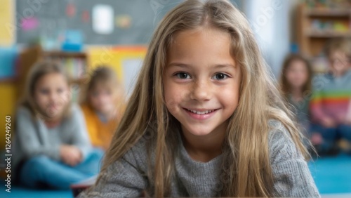 Wallpaper Mural Happy Young Girl Reading in Classroom with Blonde Hair, Smiling and Surrounded by Colorful Books and Others Torontodigital.ca