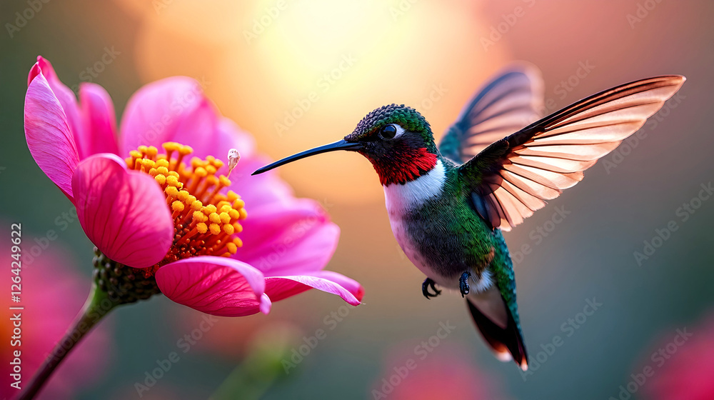 Fototapeta premium Vibrant hummingbird hovers near a pink flower, wings outstretched, bathed in warm sunset light. Nature's beauty captured!
