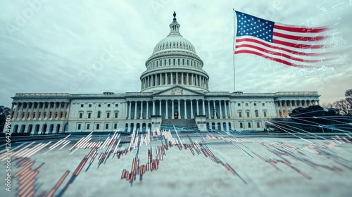 US Capitol Building  American Flag  Financial Graph  Economy  Politics  Democracy
