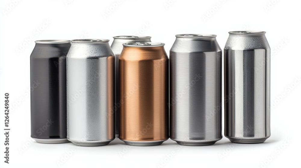 Collection of various metallic beverage cans lined up, showcasing different colors and designs to represent freshness and choice. Collection of various metallic beverage cans lined up, showcasing different colors and designs to represent freshness and choice.