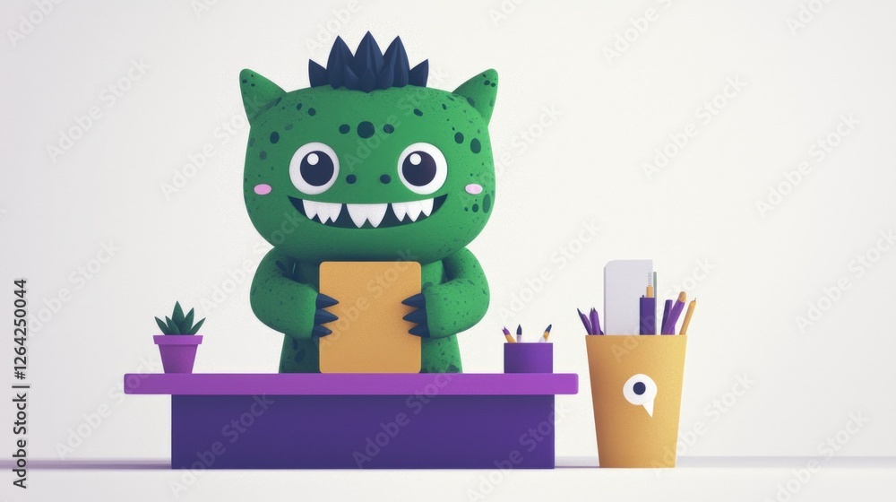 Cute Monster Cartoon at Desk Office Supplies Fun Character Cute Monster Cartoon at Desk Office Supplies Fun Character