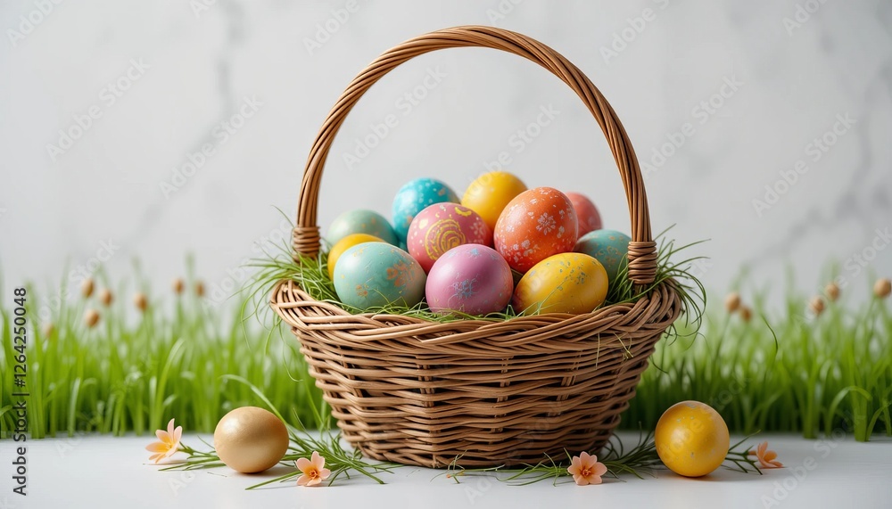 Colorful Easter eggs in a wicker basket on white background with a festive spring decoration Colorful Easter eggs in a wicker basket on white background with a festive spring decoration