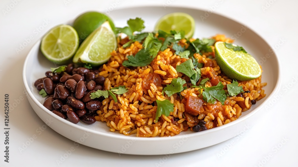 Vibrant plate of mexican rice with black beans cilantro and fresh lime for healthy eating Vibrant plate of mexican rice with black beans cilantro and fresh lime for healthy eating