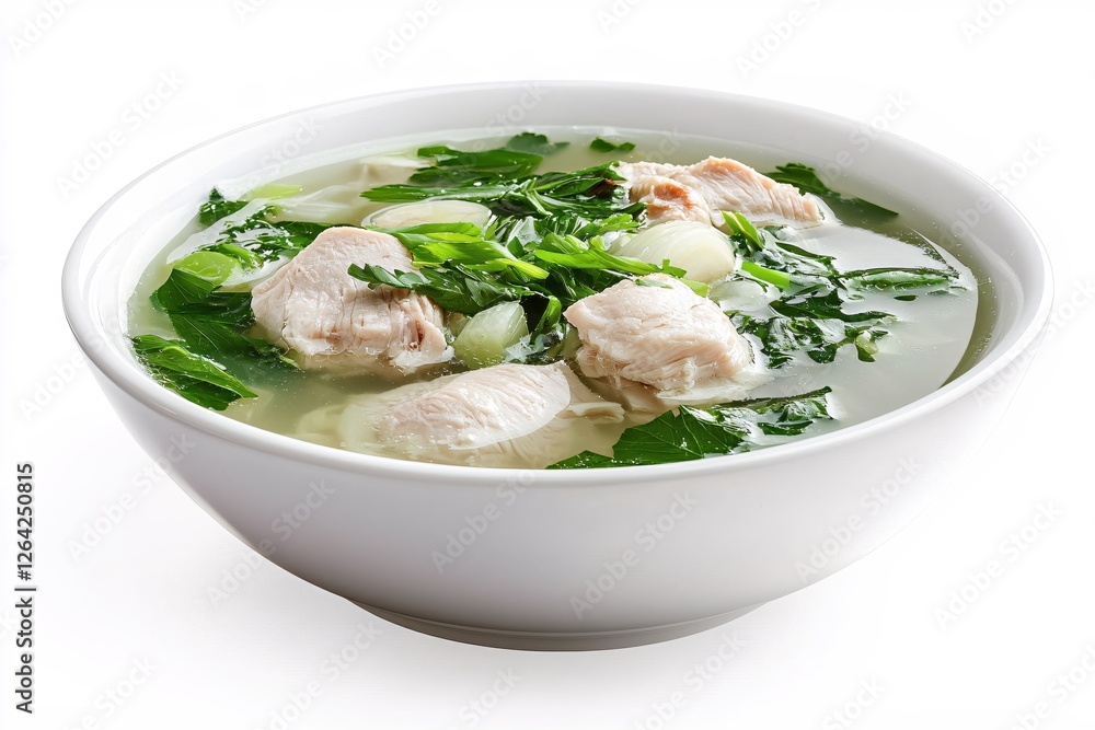 Delicious chicken soup with fresh green herbs and vegetable served in a white bowl Delicious chicken soup with fresh green herbs and vegetable served in a white bowl