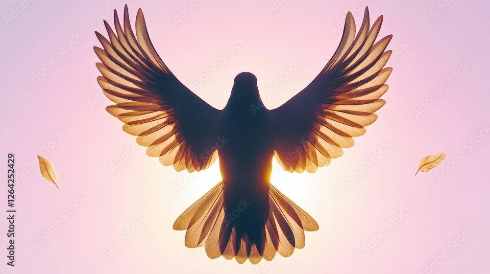 Obraz premium Majestic Bird Silhouette Against Vibrant Pink and Gold Sunset Sky with Wings Spread Wide