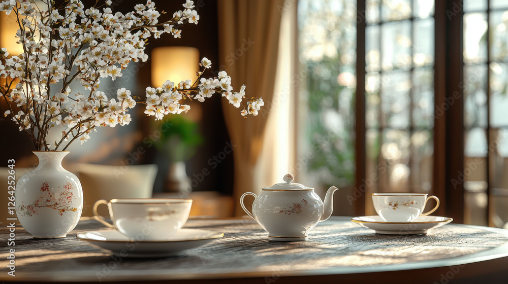 Fototapeta premium Elegant tea party setup with fine china, flowers, and soft lighting