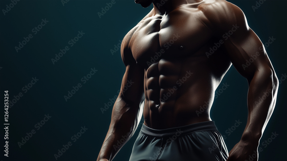 Photo showing the body of an athlete model male abs and pectoral muscles. Photo showing the body of an athlete model male abs and pectoral muscles.