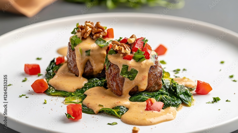 Gourmet Meat Medallions with Creamy Sauce and Fresh Vegetables on a White Plate Delight Gourmet Meat Medallions with Creamy Sauce and Fresh Vegetables on a White Plate Delight