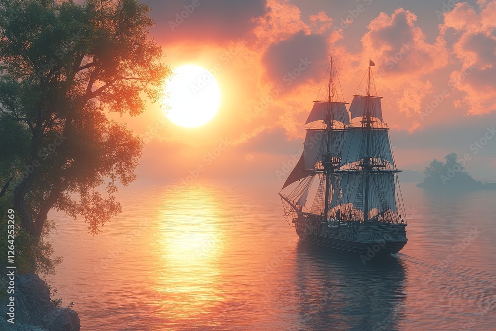 Fototapeta premium Sunset Pirate Ship Sailing on Calm Ocean with Tranquil Orange-Pink Sky.
