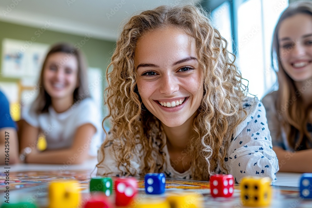 Fototapeta premium Smiling Young Woman Playing Board Game with Friends