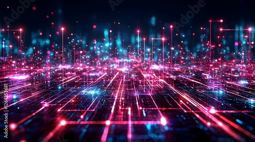 Abstract Futuristic Cityscape with Glowing Pink and Blue Network Lines