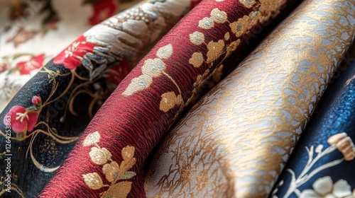 Close up of beautifully patterned fabrics displaying intricate floral and geometric designs with space for text. Generative AI