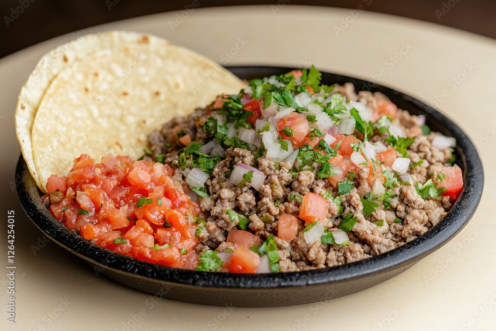 Delicious ground beef with fresh tomato and onion salsa served with soft corn tortillas Delicious ground beef with fresh tomato and onion salsa served with soft corn tortillas
