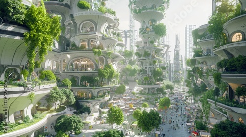 Futuristic Market Square Surrounded by Lush Green Architecture