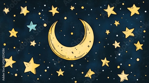 Wallpaper Mural Whimsical Night Sky with Crescent Moon and Twinkling Stars Design Torontodigital.ca