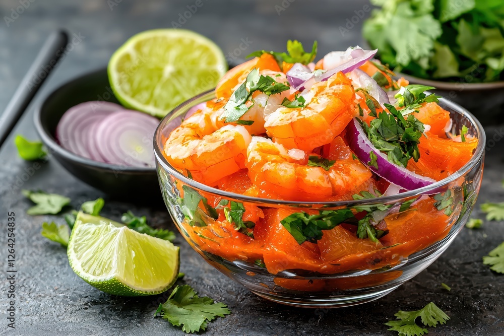 Vibrant Shrimp Ceviche with Citrus and Herbs A Refreshing Seafood Delight in Glass Bowl Vibrant Shrimp Ceviche with Citrus and Herbs A Refreshing Seafood Delight in Glass Bowl
