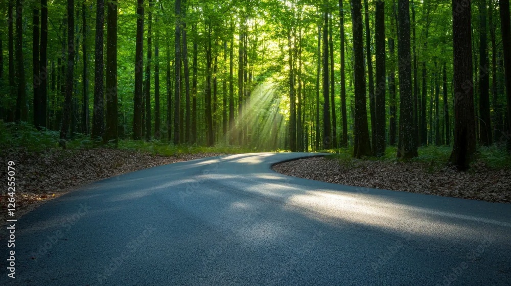 Obraz premium Winding Forest Road Sunbeams Green Trees Nature Path Asphalt Scenic Drive Summer Su