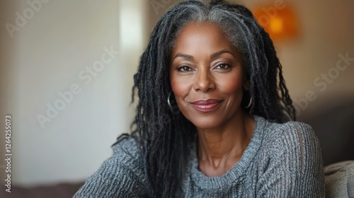 Portrait of a smiling middle-aged African American woman with long dreadlocks, wearing a gray sweater, indoors.