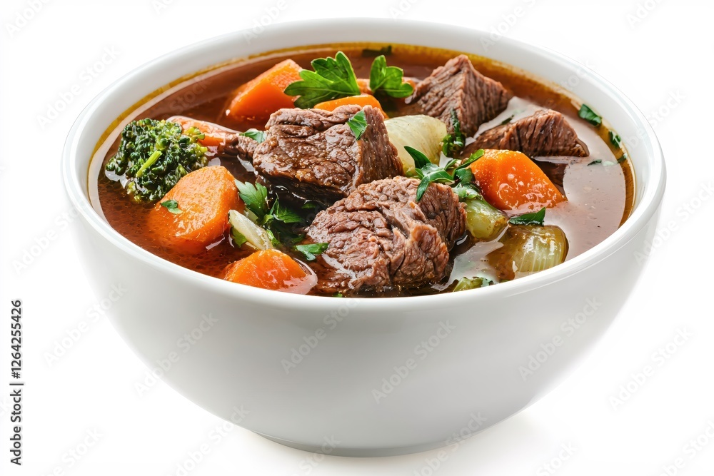 Hearty beef stew with carrots broccoli and parsley in white bowl on bright background Hearty beef stew with carrots broccoli and parsley in white bowl on bright background