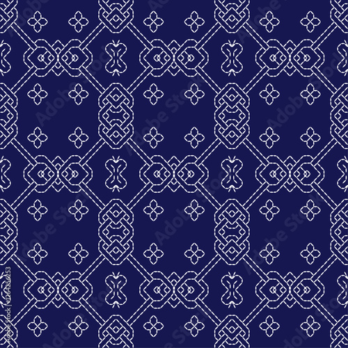 stitch Japanese Sashiko pattern embroidery abstract seamless geometric ornaments white stitch line artwork indigo blue background fashion design template decoration hand drawn printed needlework quilt