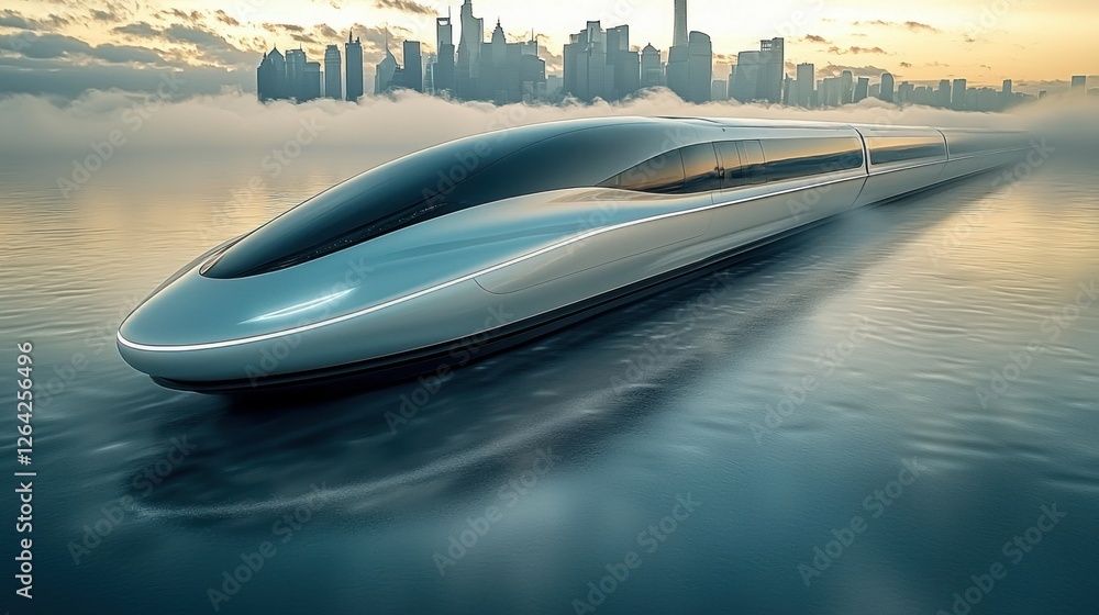 Futuristic High-Speed Train Gliding Over Water Towards City Skyline Futuristic High-Speed Train Gliding Over Water Towards City Skyline