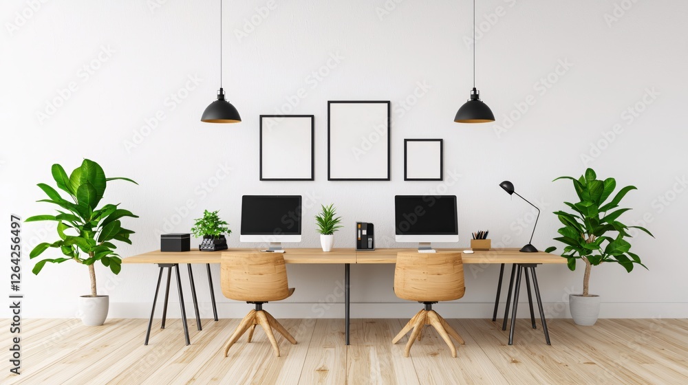 Fototapeta premium Bright Home Office Setup with Wooden Desk Chairs and Green Plants in a Minimalist Style