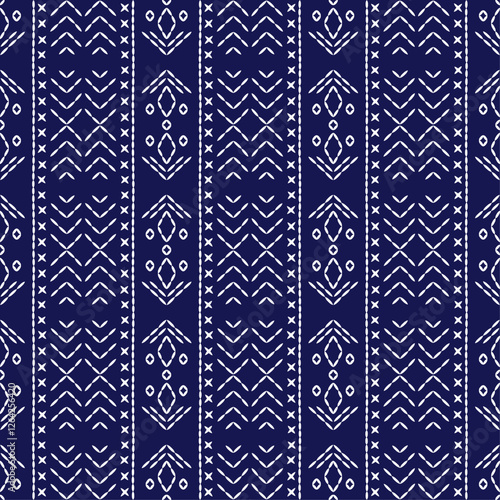 stitch Japanese Sashiko pattern embroidery abstract seamless geometric ornaments white stitch line artwork indigo blue background fashion design template decoration hand drawn printed needlework quilt