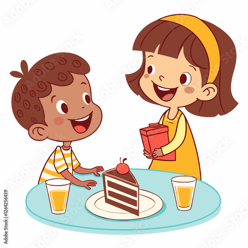 Joyful Kids Sharing Birthday Cake and Gift