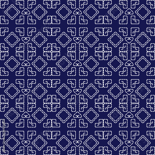 stitch Japanese Sashiko pattern embroidery abstract seamless geometric ornaments white stitch line artwork indigo blue background fashion design template decoration hand drawn printed needlework quilt