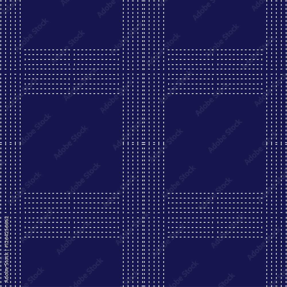 Obraz premium stitch Japanese Sashiko pattern embroidery abstract seamless geometric ornaments white stitch line artwork indigo blue background fashion design template decoration hand drawn printed needlework quilt