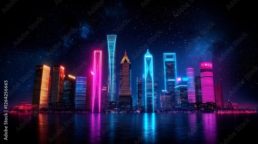 Fototapeta premium Futuristic Cityscape Neon Skyline Night City Modern Architecture Urban Landscape