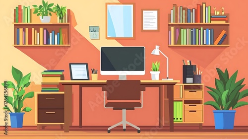 Wallpaper Mural Cozy Modern Home Office with Desk, Computer, Bookshelves, and Green Plants Torontodigital.ca