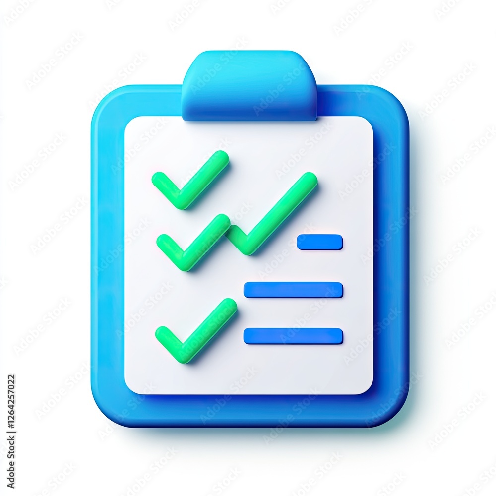 3D Checklist Clipboard Icon, Isolated, White Background, Progress 3D Checklist Clipboard Icon, Isolated, White Background, Progress