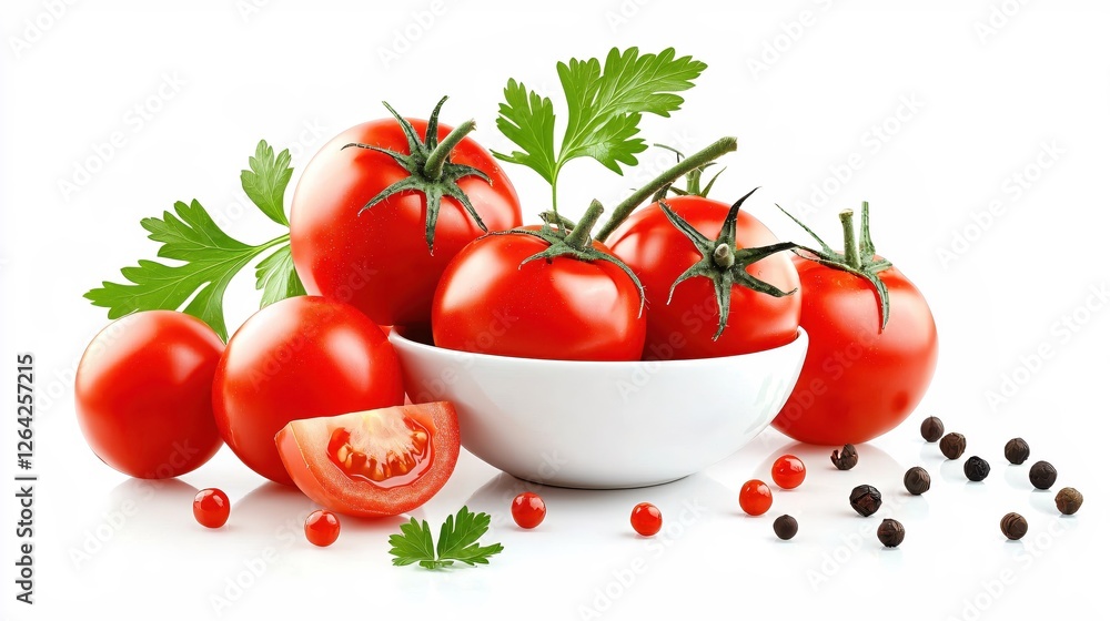 Fresh Tomatoes in a White Bowl with Parsley and Pepper Seeds on a Clean White Background Fresh Tomatoes in a White Bowl with Parsley and Pepper Seeds on a Clean White Background