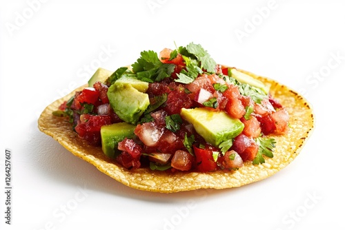 Delicious tuna tostada with avocado cilantro and tomato salsa on a white background